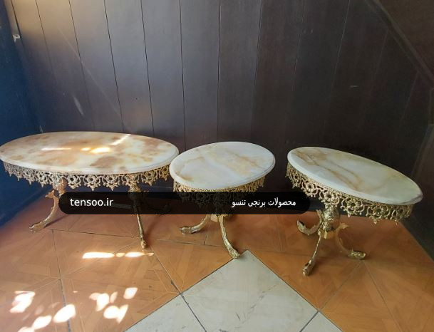 جلو مبلی و عسلی برنجی گل آفتاب گردان بیضی با سنگ مرمر